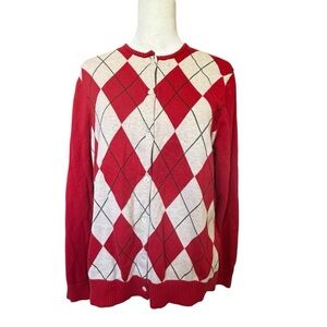 Lands End Red White Argyle Cardigan Size 14-16 Supima Cotton Button Front